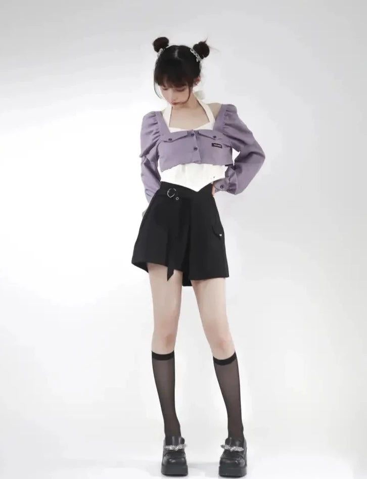 <Item>



 Blouse (short sleeve) (*purple or white)

 Blouse (long sleeve) ( *purple or white) *Sleeves can be removed



 Short bustier (*black or white)



 long pants

 half pants






 <Size>



 Blouse (short sleeve)



 S size



 Length: 37cm

 Shoulder width: 34cm

 Bust: 88cm

 Sleeve length: 16cm




 M size



 Length: 39cm

 Shoulder width: 35cm

 Bust: 92cm

 Sleeve length: 17cm




 L size



 Length: 41cm

 Shoulder width: 36cm

 Bust: 96cm

 Sleeve length: 18cm







 Blouse Casual Purple Puff Sleeve Blouse, Casual Purple Blouse With Puff Sleeves, Purple Stretch Long Sleeve Blouse, Purple Long Sleeve Stretch Blouse, Trendy Purple Short Sleeve Blouse, Purple Long Sleeve Blouse For Night Out, Fitted Pastel Goth Tops, Purple Stretch Blouse For Night Out, Fitted Lavender Short Sleeve Blouse