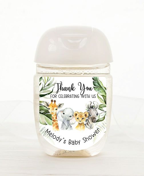 a baby bottle with an elephant, giraffe and zebra design on it that says thank you for celebrating with us