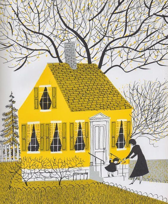 a painting of a woman watering the yard with her dog in front of a yellow house