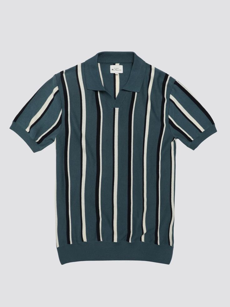 Signature Vertical Stripe Open Neck Polo - Teal - Ben Sherman Cotton V-neck Top With Striped Collar, Striped Polo Shirt With Ribbed Collar, Striped Short Sleeve Polo Shirt With Ribbed Collar, Cotton V-neck Tops With Contrast Stripes, Cotton V-neck Top With Contrast Stripes, Striped Polo Shirt With Ribbed Collar For Summer, Summer Collared Polo Shirt With Horizontal Stripes, Blue Vertical Striped Collared Top, Summer Striped Relaxed Fit Polo Shirt