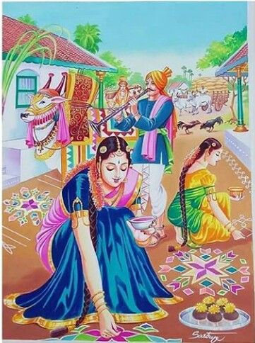 Happy Makar Sankranti Village Scene Drawing, Indian Drawing, Pongal Rangoli, Pongal Kolam, Rajasthani Painting, Indian Traditional Paintings, Composition Painting, Indian Illustration, Scene Drawing