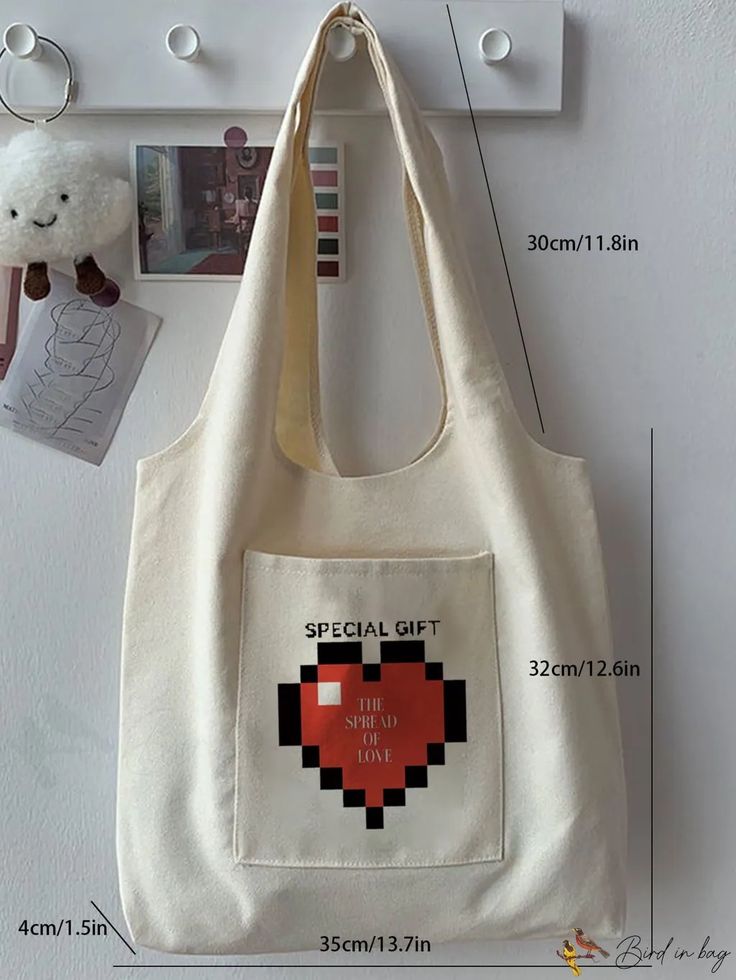 BirdinBag - Stylish Pixel Heart Pattern Canvas Tote: A Fashionable Statement Inch Bag, Pixel Heart, Printed Canvas Tote Bag, Beige Pattern, Details Pictures, Printed Canvas, Word Wrap, Heart Pattern, Shoulder Tote Bag