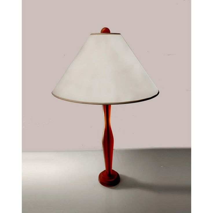 a red lamp with a white shade on it's base and a light bulb in the middle