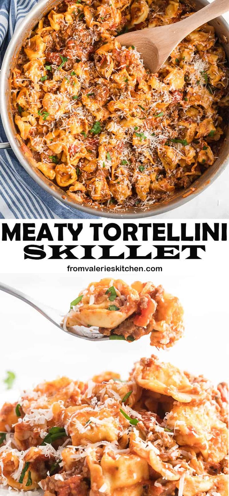 a pan filled with meaty tortelli next to a spoon full of pasta