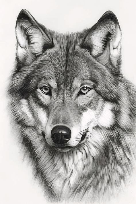 a pencil drawing of a wolf's face with blue eyes and long manes