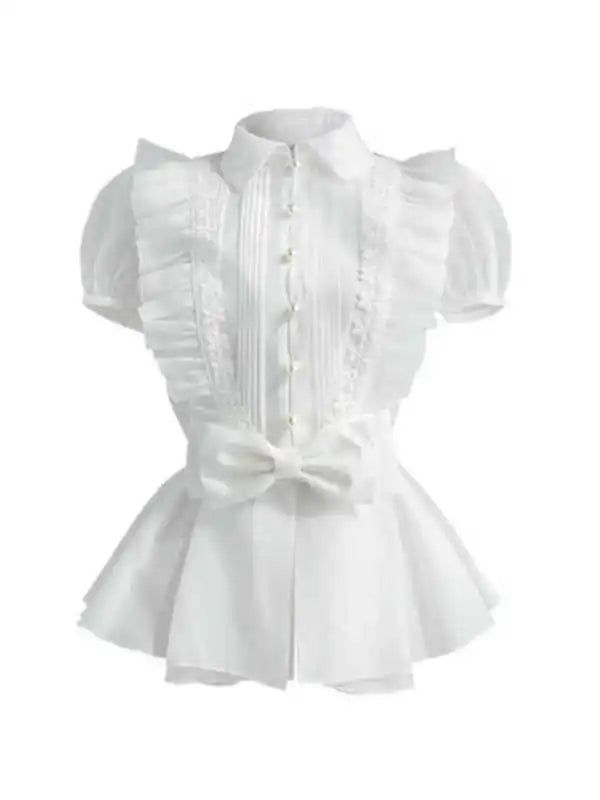 44970702667998|44970702733534 Casual Fitted Blouse With Doll Collar, Fitted Solid Blouse With Ruffles, Feminine Fitted Blouse With Bow, Fitted Feminine Blouse With Bow, Casual Solid Color Top With Bow, Casual Puff Sleeve Tops With Bow, Spring Fitted Top With Doll Collar, Fitted Tops With Doll Collar For Spring, Chic Cotton Tops With Bow Detail