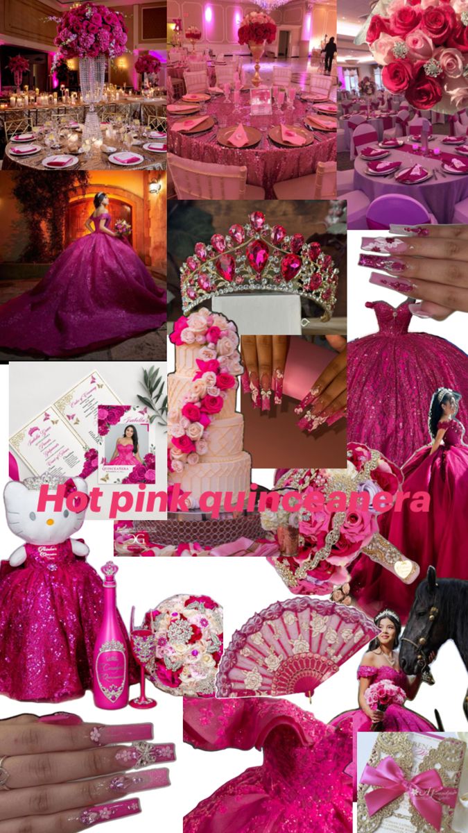 a collage of pink and white wedding decorations, including a bride's dress