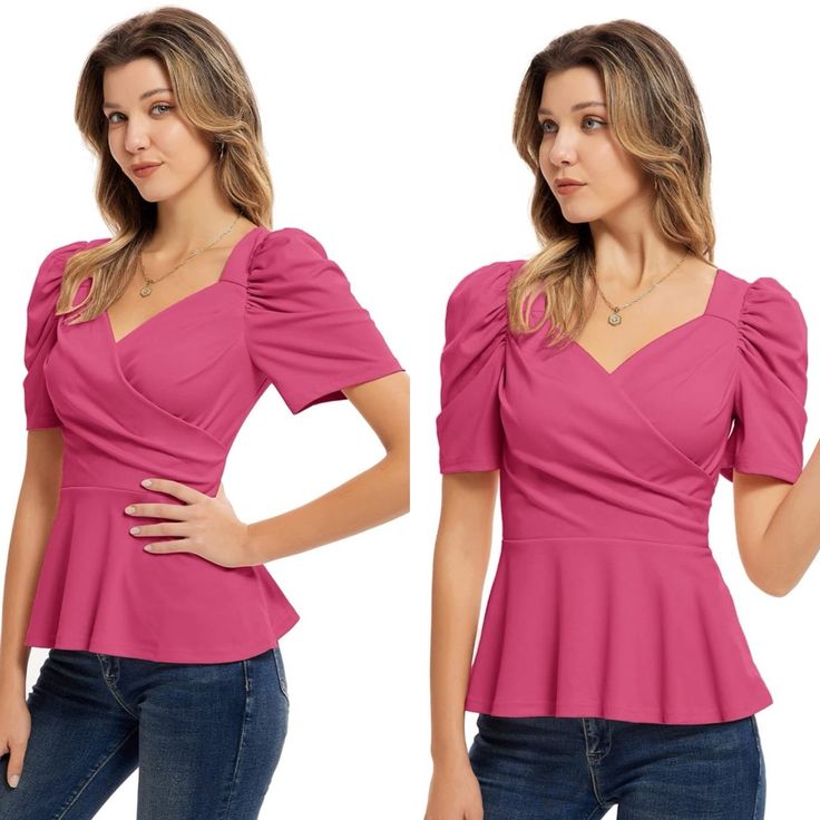 Nwt Womens Summer Tops Elegant Peplum Top Wrap V Neck Puff Short Sleeve Shirts Tops Blouse Size Large Color: Magenta Fabric Type95%Polyester+5%Elastane;Comfortable And Breathable. Care Instructionsmachine Wash Closure Typepull On Features: Short Sleeves, Wrap V-Neck, Ruffle Hem, Solid Color, Slim Fit, And Soft, Comfortable Fabric. Puff Sleeves And Sexy V-Neck Make The Shirts More Layered, And Women's Peplum Tops Show Your Graceful Curves. Match: Elegant Women's Tops Are Perfect For Every Body Sh Feminine Fitted Blouse In Solid Color, Feminine Fitted Solid Color Blouse, Fitted Feminine Blouse In Solid Color, Fitted Puff Sleeve Blouse In Solid Color, Fitted Solid Color Puff Sleeve Blouse, Fitted Puff Sleeve Solid Color Blouse, Feminine Solid Color Fitted Blouse, Trendy Solid Color Top With Puff Sleeves, Feminine Pink Solid Color Tops