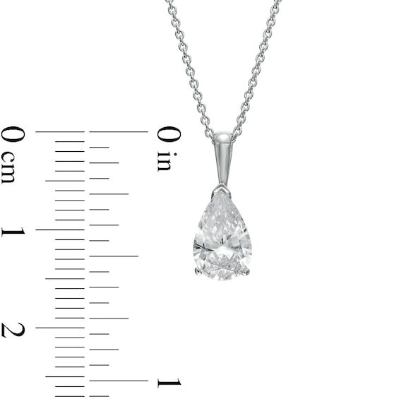 Elevate your look with a classic and sparkling style when you wear this versatile pear-shaped lab-created diamond solitaire pendant. Fashioned in 14K white gold The dazzling 1 ct. certified pear-shaped lab-created diamond solitaire boasts a color rank of F and clarity of Si2. Lovely worn solo or paired with other chains and necklaces Includes certification card This pendant suspends along an 18.0-inch cable chain that secures with a lobster claw clasp. Formal Pear-shaped Solitaire Necklace, Elegant Pear-shaped Solitaire Necklace For Formal Occasions, Fine Jewelry Pear-shaped Solitaire Necklace In Cubic Zirconia, Classic Pear-shaped Cubic Zirconia Diamond Necklace, Pear-shaped Diamond Solitaire Necklace In Prong Setting, White Gold Pear-shaped Cubic Zirconia Solitaire Necklace, Classic Pear Shaped Solitaire Necklace With Prong Setting, White Gold Pear-shaped Solitaire Necklace With Prong Setting, Classic Pear-shaped Solitaire Necklace With Prong Setting