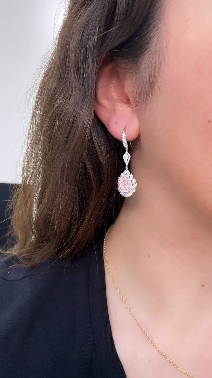 1.01 Carat Faint Pink Pear SI1 1.00 Carat Faint Pink Pear SI1 2.31 Carats of Surrounding Diamonds Handmade in 18k GIA Certified Diamond Earrings Pink, Diamond Drops, Diamond Drop Earrings, Pink Diamond, Gia Certified Diamonds, Everyday Look, Pear, Sparkle, Diamonds