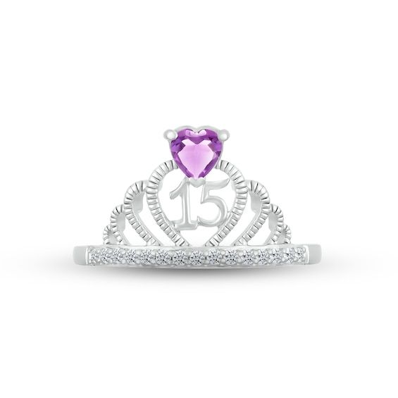 Make her feel majestic on her special day with this sparkly crown ring crafted in sterling silver. A heart-shaped amethyst – the birthstone of February – shines atop the design. The number 15 gleams inside the heart-shaped center, while a line of white lab-created sapphires shimmer on the band to finish the look. Heart Cut Birthstone Rings For Birthdays, Heart Cut Birthstone Rings For Birthday, White Gold Rings For Valentine's Day Birthday, White Gold Rings For Birthday And Valentine's Day, Silver Jewelry With Diamond Accents For Birthday, Elegant Silver Rings For Birthday, Purple Birthstone Ring With Diamond Accents For Anniversary, Elegant Jewelry With Center Stone For Birthday, Elegant Rings With Diamond Accents For Birthday