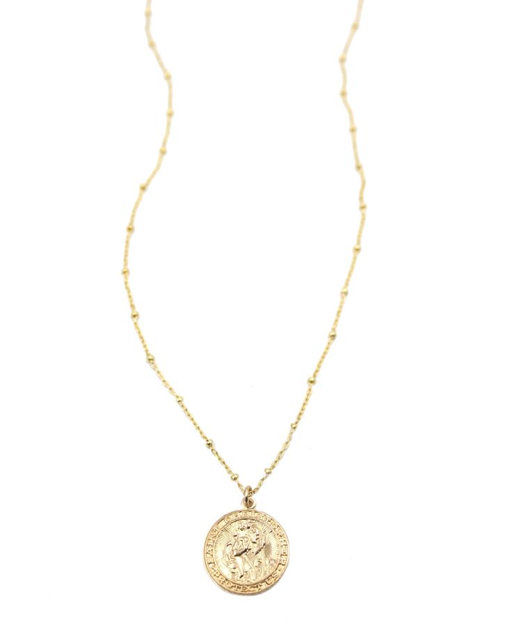 14k gold filled St. Christopher medal, on 14k gold filled chain St. Christopher: One of the 14 Auxiliary Saints, Saint Christopher is the patron saint of all travelers. The name Christopher means Christ bearer in Greek, or one who carries Christ. One of the most famous and treasured stories about St. Christopher is the story of the child he found and then carried across a mighty river. The child in the story is later revealed to be Christ which is why this figure is the patron saint of travelers 14k Gold Filled Medallion Charm Necklace, Tarnish Resistant, Tarnish Resistant 14k Gold Filled Medallion Charm Necklace, 14k Gold Filled Medallion Jewelry, 14k Gold-filled Medallion Jewelry, 14k Gold-filled Yellow Gold Coin Necklace, 14k Gold Amulet Coin Necklace Tarnish Resistant, Yellow Gold Medallion Charm Necklaces, Yellow Gold Brass Medallion Charm Necklace, Yellow Gold Coin Charm Necklace With Adjustable Chain