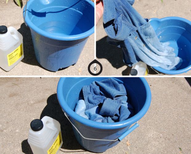 three pictures show how to clean a blue bucket