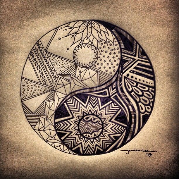 a black and white drawing of a yin - yang symbol with geometric designs on it