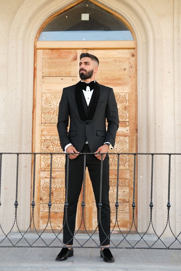 3 Piece Slim Fit Black Tuxedo with Velvet shawl Lapel Package includes  Jacket, Vest, Pants, bowtie, tuxedo shirt, brooch flower.  Shipped in large box to preserve the shape  Top quality guaranteed Mens Tuxedo, Mens Wedding Suits, Velvet Shawl, Brooch Flower, Tuxedo Shirt, Tuxedo Shirts, Black Tuxedo, Jacket Vest, Tuxedo For Men