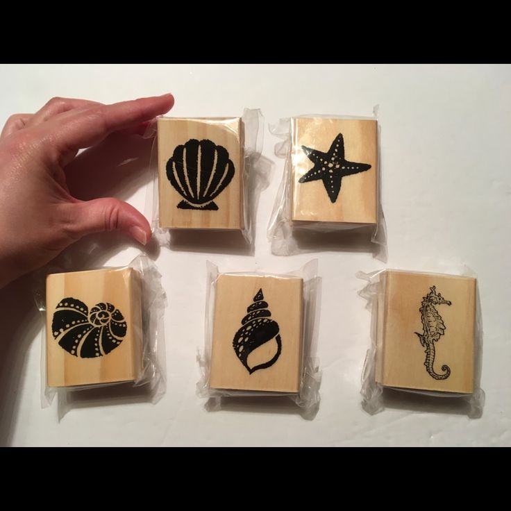 four rubber stamps with sea animals and seashells on them are being held by someone's hand