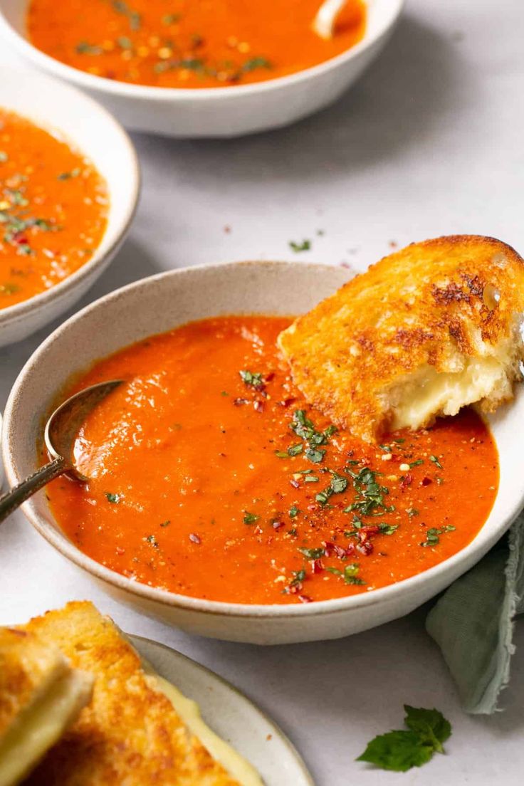 two bowls of tomato soup with grilled bread on the side and garnished with parsley