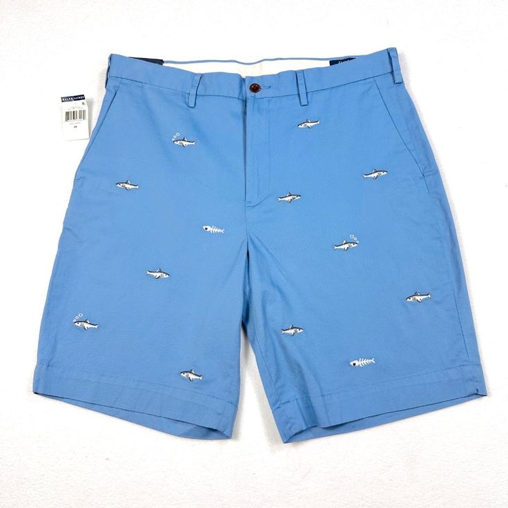 Polo Ralph Lauren Classic Fit Shorts With Stretch. Embroidered Sharks. Color Is A Sky Blue, Which They Call "Soft Royal." Fabric Is 98% Cotton/2% Elastane. Tag Size 34. New With Tags. See Measurements Below. - Two Front Hand Pockets. - Belt Loops - Zipper And One Button Closure. - Two Welt Back Pockets With Button Closures. Approximate Measurements Flat: Waist: 17" (34") Inseam: 9" Overall Length From Waist To Hem: 20: Embroidered Cotton Shorts, Blue Embroidered Shorts For Spring, Embroidered Blue Bottoms Of Short Length, Casual Embroidered Blue Shorts, Blue Embroidered Bottoms Of Short Length, Blue Embroidered Bottoms Short Length, Blue Embroidered Bottoms For Summer, Blue Bermuda Cotton Bottoms, Embroidered Blue Bottoms For Beach