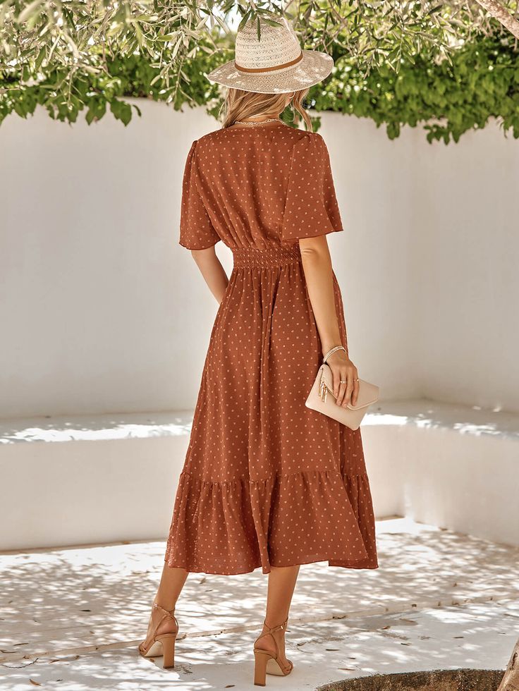 Look effortlessly stylish with the Sweetest One Poppies Maxi Dress. This brick tone maxi dress features a soft and lightweight fabric for an elegant, flattering look. Short sleeves and a high waist add an extra touch of sophistication. Size Guide: Tina is 5’65” tall, and has a 33.6” bust, 24.1” waist, & 35.2” hips. She is wearing a S / US 4 / AU 8. This dress is true to size. Material: 100% Polyester. Feature: V-neckline. Maxi length. Short Sleeve. Maternity friendly. Care Instructions: Machine Modest V-neck Maxi Dress For Day Out, Brown Flowy A-line Dress, Modest Flowy Rayon Maxi Dress, Casual A-line Rayon Maxi Dress, Relaxed Fit V-neck Midi Dress, Rayon A-line Maxi Dress, Brown A-line Midi Dress For Vacation, Brown V-neck Summer Maxi Dress, Modest Maxi Dress For Day Out