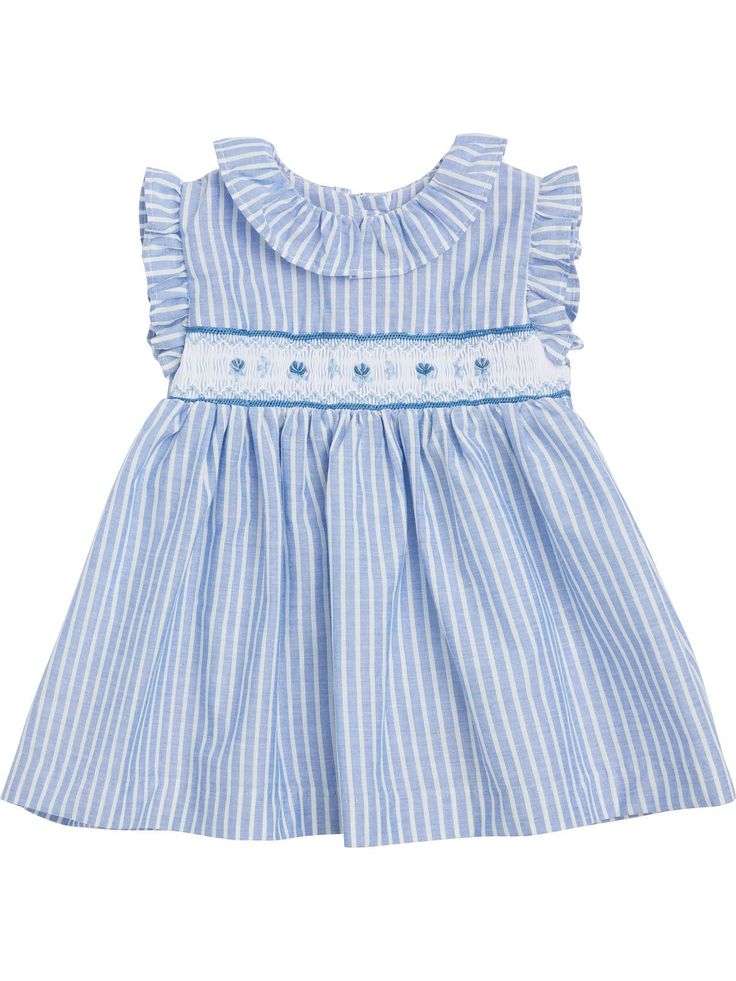 Reference: S24I105VERN 4141 Color: Blue Composition: 100% cotton Description: This sleeveless dress has a smocked bodice and ruffled collar and sleeves. It is fully lined and fastens with buttons in the back. It comes with the matching bloomer! Size Guide: True to size. Blue Dresses With Ruffled Straps And Lined, Blue Dress With Ruffled Straps And Lining, Cotton Smocked Dress With Ruffle Hem For Spring, Spring Cotton Smocked Dress With Ruffle Hem, Daywear Sundress With Ruffle Sleeves, Ruffle Sleeve Dress With Smocked Back For Daywear, Fitted Smocked Dress With Ruffle Sleeves And Details, Smocked Sundress For Daywear, Smock Sundress For Daywear