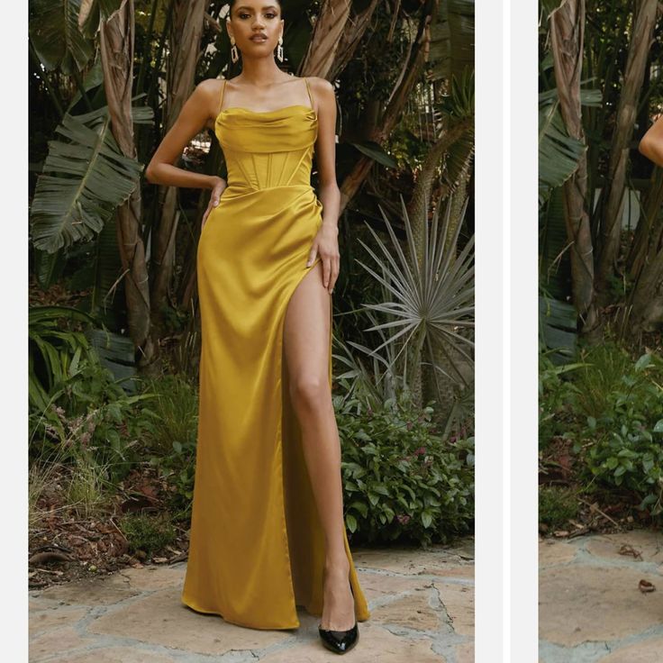 two photos of a woman in yellow dress with one side slit open and the other side split down