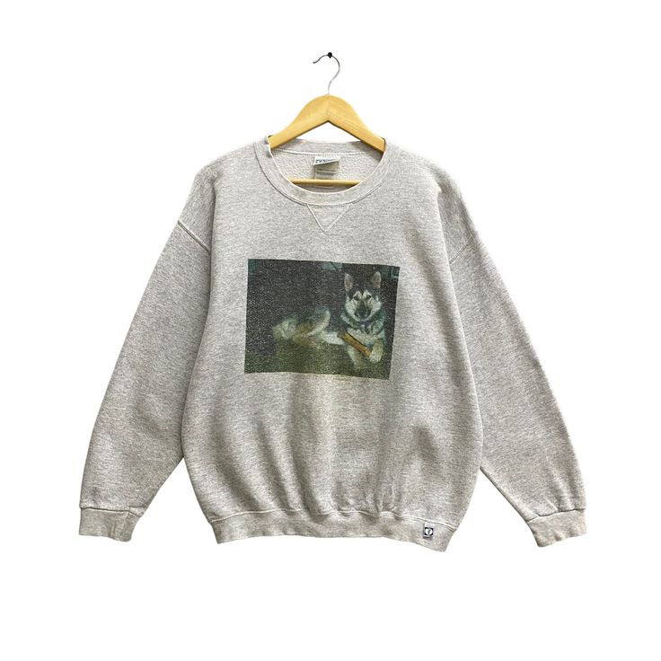 "Code : p/120 Vintage 90s Wildlife Wolf Grey Sweatshirt Size Large Graphic Wolf Crewneck Wolf Howling Sweater Pullover Habitat Mountain Wolf Print Logo Size on Tag :  L Details Measurement  Arm Pit to Arm Pit : 24\"inches Back Collar to Hem : 25.5\"inches Condition :  Great Vintage Condition(Used Clothing).Have Holes And Have Stain.Please refer pictures detail.‼️" Wolf Clothes, Raglan Tshirt, Wolf Print, Yellow Sweatshirt, Wolf Howling, Zipper Jacket, Sweater Pullover, Vintage Sweatshirt, Used Clothing