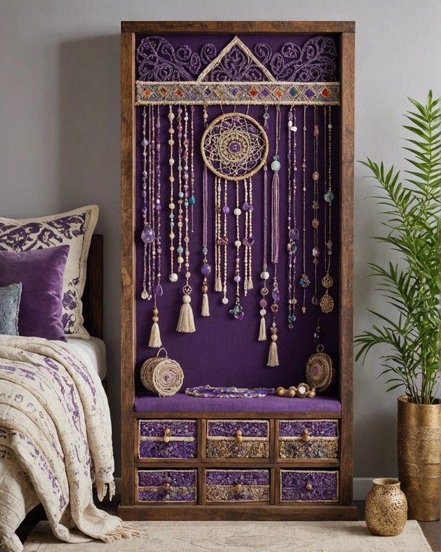 a bedroom with purple and gold decor on the wall, bedding and pillows in front of it