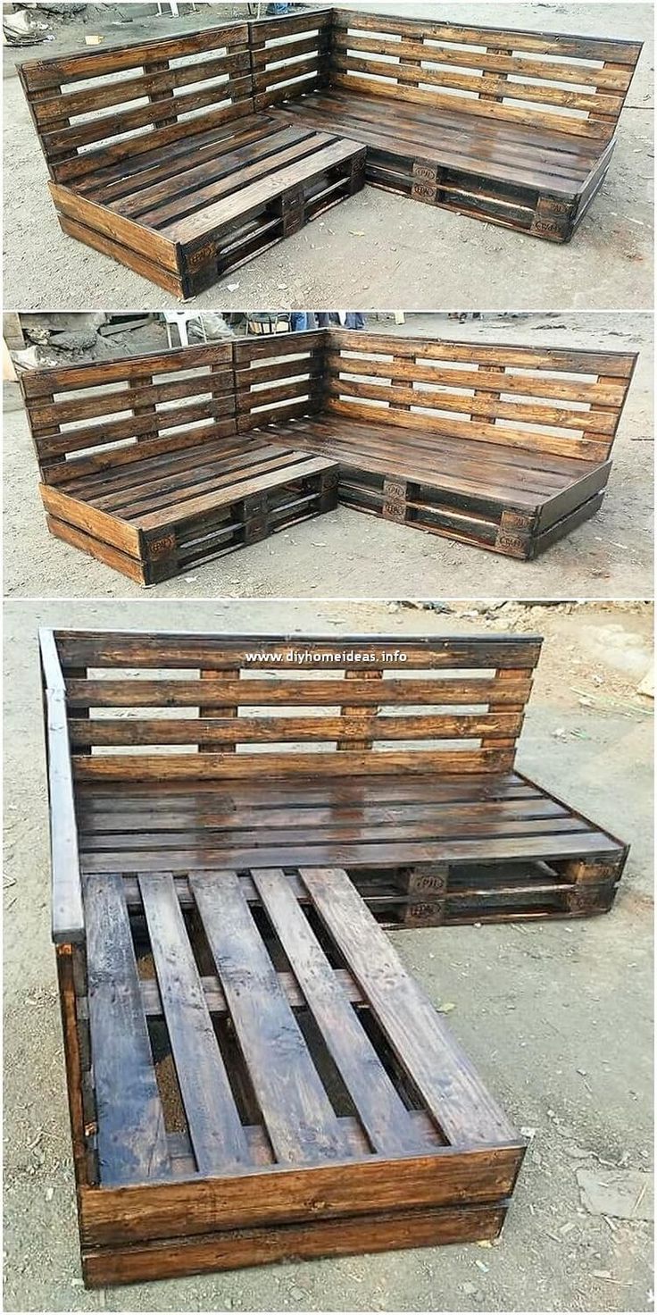 the wooden bench is made out of old pallets and has been turned into a couch