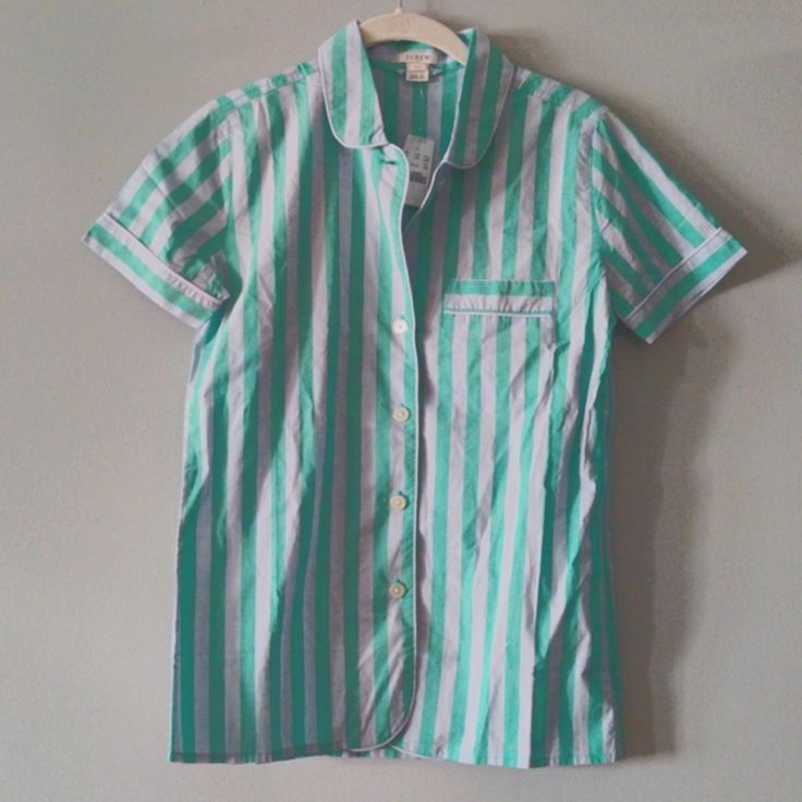 Cute Pale Green And Blue Stripe Short Sleeve Shirt. Button Down. Beautiful Piped Hemming All Around. One Left Breast Pocket. No Damages. Brand New. Summer Button-up Tops For Pajama Party, Blue Cotton Sleepwear With Button Closure, Collared Cotton Tops For Pajama Party, Casual Collared Top For Pajama Party, Cotton Collared Top For Pajama Party, Green Short Sleeve Bedtime Top, Cotton Button-up Tops For Pajama Party, Casual Cotton Button-up Sleepwear, Summer Blue Sleepwear With Button Closure