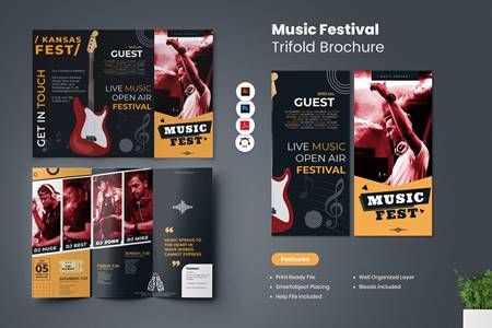 the music festival brochure is shown with an image of a guitar player on it