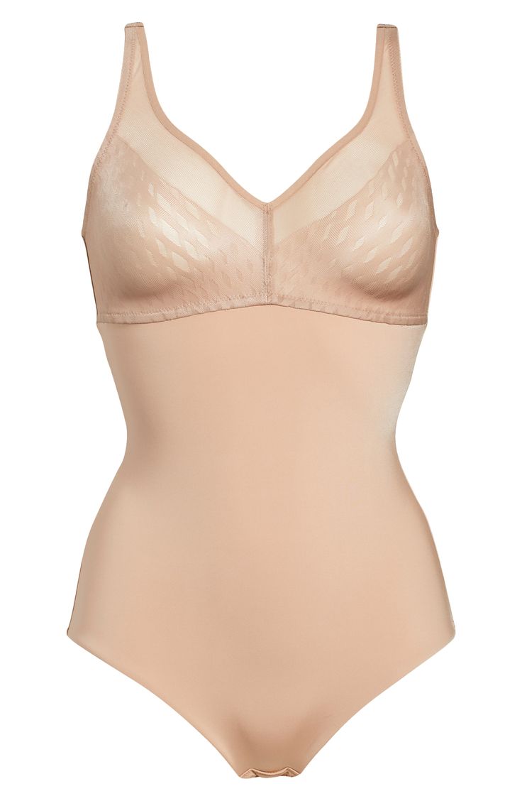 Transform your figure in this light bodysuit designed with a built-in bra that supports the bust and an internal panel that smoothes the waist, tummy and hips. Cotton-lined gusset with snap closure 65% nylon, 35% spandex Hand wash, line dry Imported Shaping Beige Bodysuit With Medium Bust Support, Beige Shaping Shapewear Bodysuit, Beige Smoothing Sculpting Bodysuit, Beige Sculpting Smoothing Bodysuit, Elegant Beige Shaping Shapewear, Beige Bodysuit With Medium Bust Support, Beige Smoothing Bodysuit Shapewear, Beige Smoothing Shapewear Bodysuit, Fitted Full Coverage Leotard With Built-in Bra