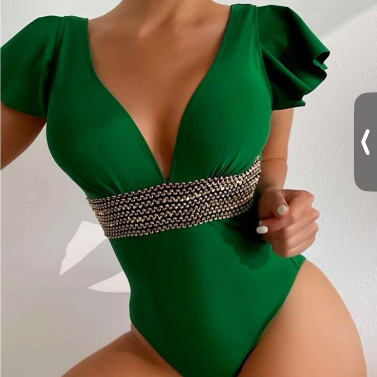 Brand New Tried On Never Worn Beautiful Flutter Sleeve Green Swimsuit Size Xl Elegant Green Swimwear For Party, Chic Green Bodysuit For Beach Season, V-neck One Piece For Summer Party, Spring Party One Piece With V-neck, Spring Party V-neck One Pieces, Green Summer Party One-piece, Chic Green Bodysuit For Pool, Stretch V-neck One Piece For Party, Chic Green Bodysuit For Swimming