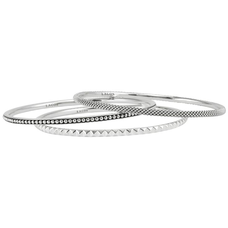 LAGOS Jewelry | Three sterling silver round bangles join to form this versatile bracelet. Two bangles of Caviar beading and one with a sugarloaf motif. Sterling Silver Stackable Round Bracelet, Elegant Stacked Bracelets With Round Beads, Stackable Sterling Silver Bracelet, Stackable Round Sterling Silver Bracelet, Stackable White Gold Bangle For Everyday, Minimalist Stackable White Gold Bracelets, Adjustable Sterling Silver Bracelets For Layering, Everyday Stackable White Gold Bangle, Elegant Stacked Sterling Silver Jewelry