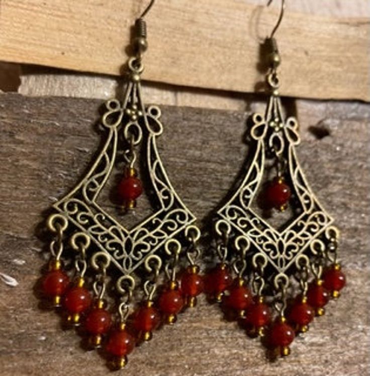 Red Bohemian Chandelier Earrings Nickel-free, Red Bohemian Nickel-free Chandelier Earrings, Bohemian Red Nickel-free Chandelier Earrings, Red Bohemian Chandelier Earrings, Bohemian Red Chandelier Earrings, Bohemian Red Earrings With Natural Stones, Red Bohemian Chandelier Earrings For Pierced Ears, Bohemian Amber Dangle Earrings, Red Carnelian Pierced Earrings