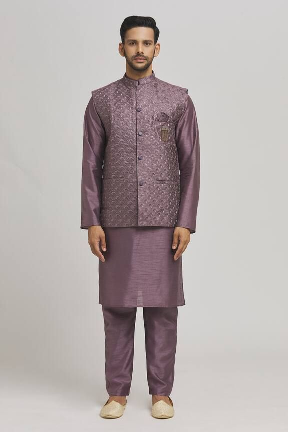 Purple bundi with thread embroidered peacock patterns and sequin work embellishments. Comes with inner kurta and pant. - Aza Fashions Elegant Cotton Silk Nehru Jacket For Festive Occasions, Elegant Chanderi Nehru Jacket For Festive Occasions, Traditional Nehru Jacket In Cotton Silk With Cutdana, Festive Unstitched Nehru Jacket With Traditional Drape, Elegant Chanderi Nehru Jacket For Diwali, Silk Nehru Jacket For Eid Reception, Silk Nehru Jacket For Reception During Eid, Traditional Chanderi Nehru Jacket For Festive Season, Straight Kurta Nehru Jacket With Intricate Embroidery For Reception