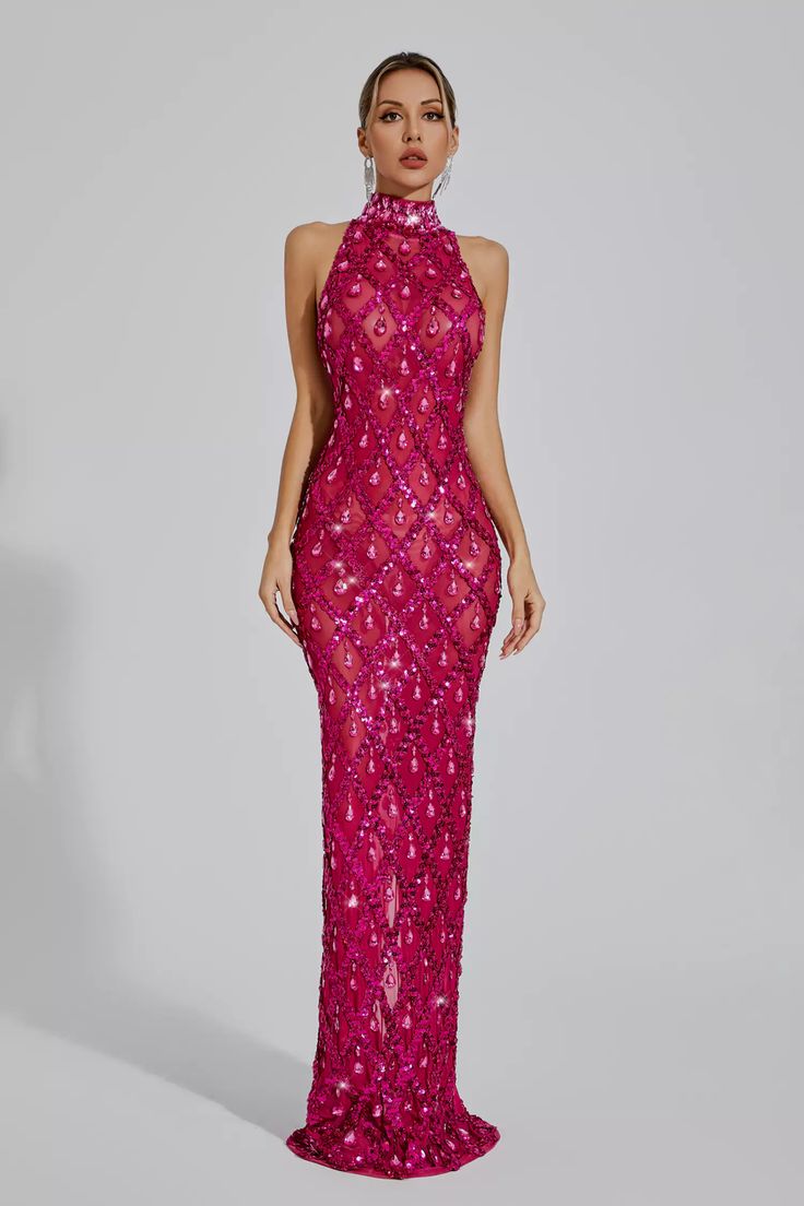 Louise Rose Red Diamond Maxi Dress Glamorous Sequin Prom Dress For Festive Occasions, Glamorous Floor-length Sequin Evening Dress, Glamorous Sleeveless Evening Dress, Glamorous Festive Evening Dress, Rhinestone Evening Dress For Gala Party Season, Rhinestone Evening Dress For Gala During Party Season, Rhinestone Evening Dress For Gala And Party Season, Glamorous Rhinestone Evening Dress For Prom, Glamorous Pink Backless Gown