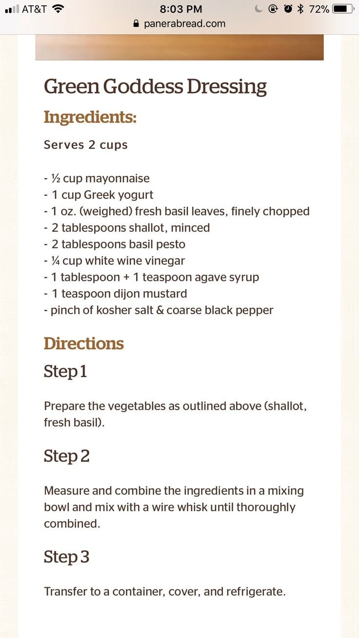 the menu for green goddess dressing is shown on an iphone screen, with instructions to make it