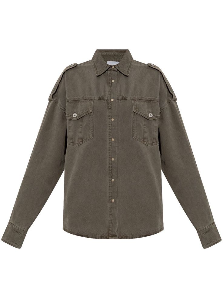 grey cotton denim washed front press-stud fastening classic collar drop shoulder long sleeves two chest flap pockets buttoned cuffs curved hem Dark Denim Shirt, Womens Denim Shirt, Grey Cotton, Embroidered Shirt, Dark Denim, Denim Shirt, Denim Wash, Distressed Denim, Drop Shoulder