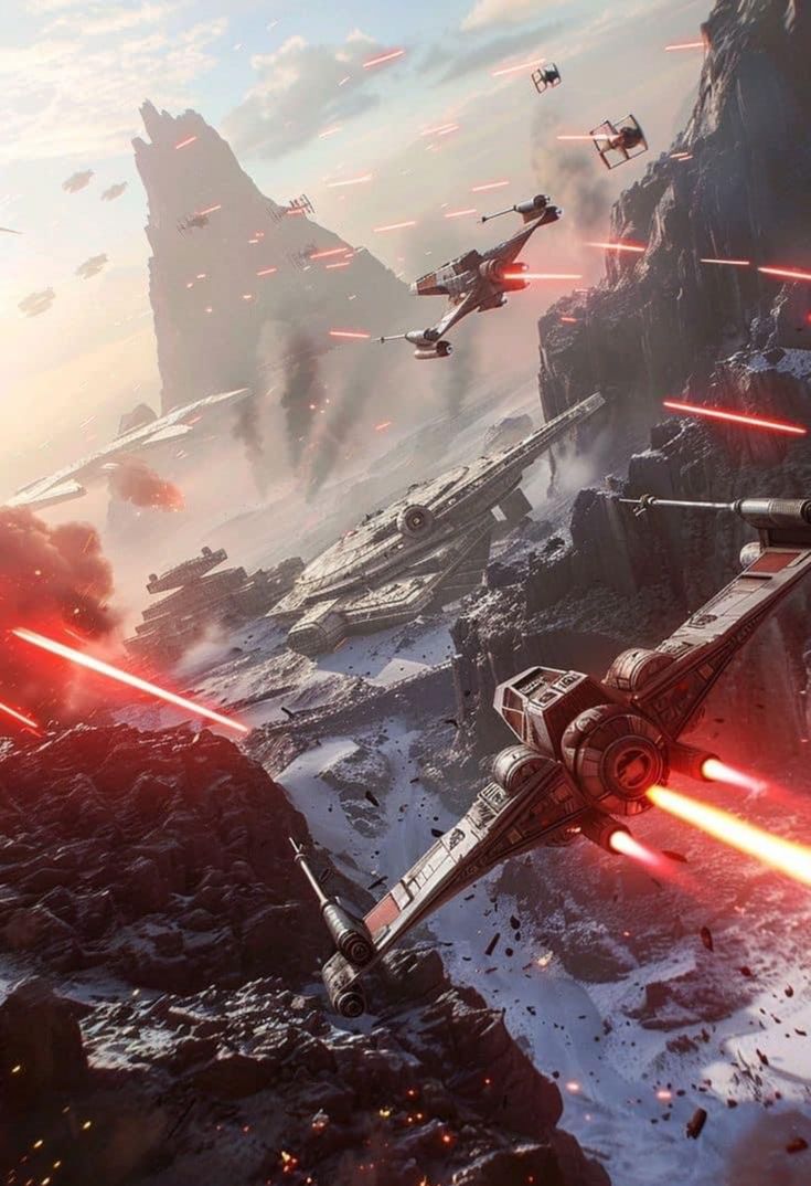 star wars battle scene with fighter jets shooting at each other