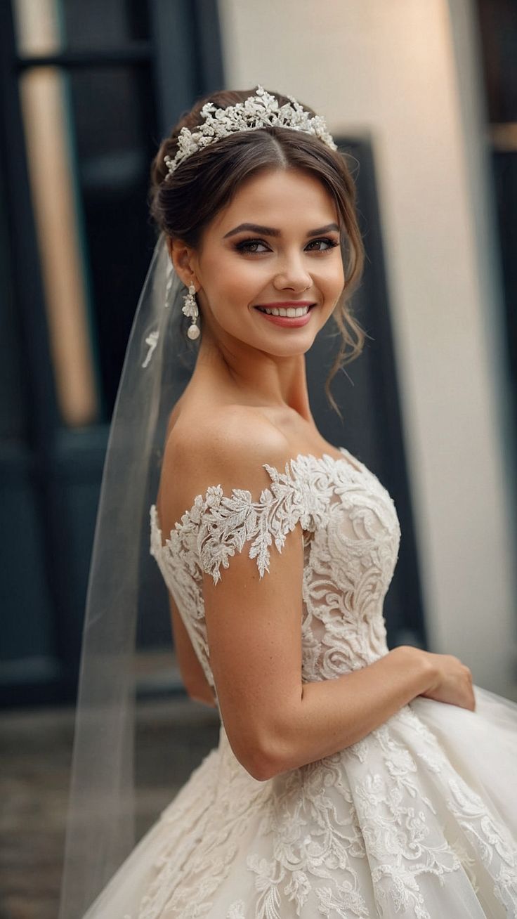 a woman in a wedding dress and veil smiling at the camera with her hand on her hip