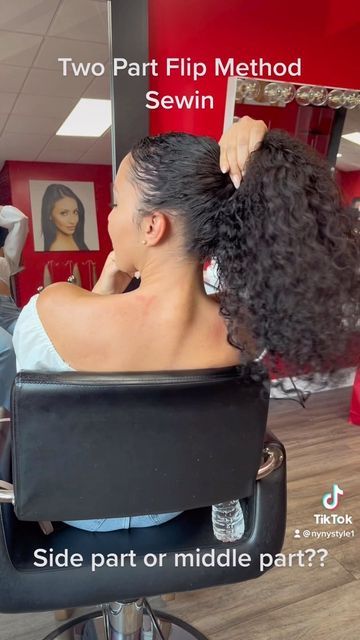 NyNyStyle Hair Extensions on Instagram: "Two Part Flip Method Sew In Weave. You can choose to wear a side part or a middle part also you can put it in a very high ponytail. #vixensewin #twopartflipmethod #versatilesewin #sewinweave #brooklynhairstylist #nychairstylist #njhairstylist #buckheadhairstylist #marylandhairstylist #Godisgood" Middle And Side Part Sew In, Side Part Curly Sew In, Curly Versatile Sew In Weave, Sew In Hairstyles Side Part, Versatile Sew In Weave Hairstyles, Leave Out Sew In Weave Middle Part, Flip Over Method Sew In, Curly Flip Over Method Sew Ins, Partial Sew In Weave