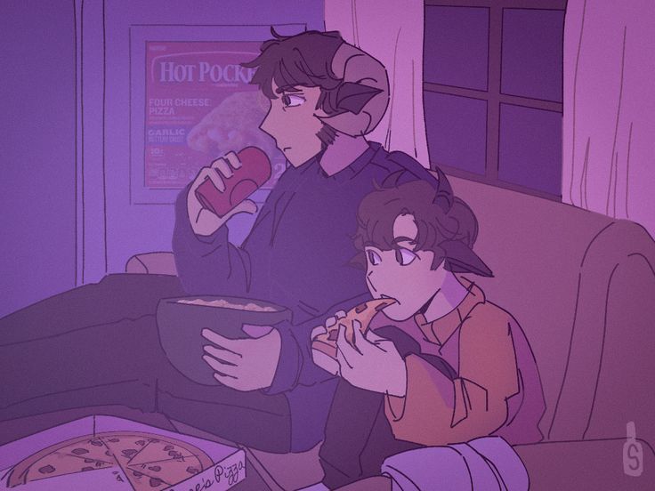 two people sitting on a couch eating pizza and drinking soda