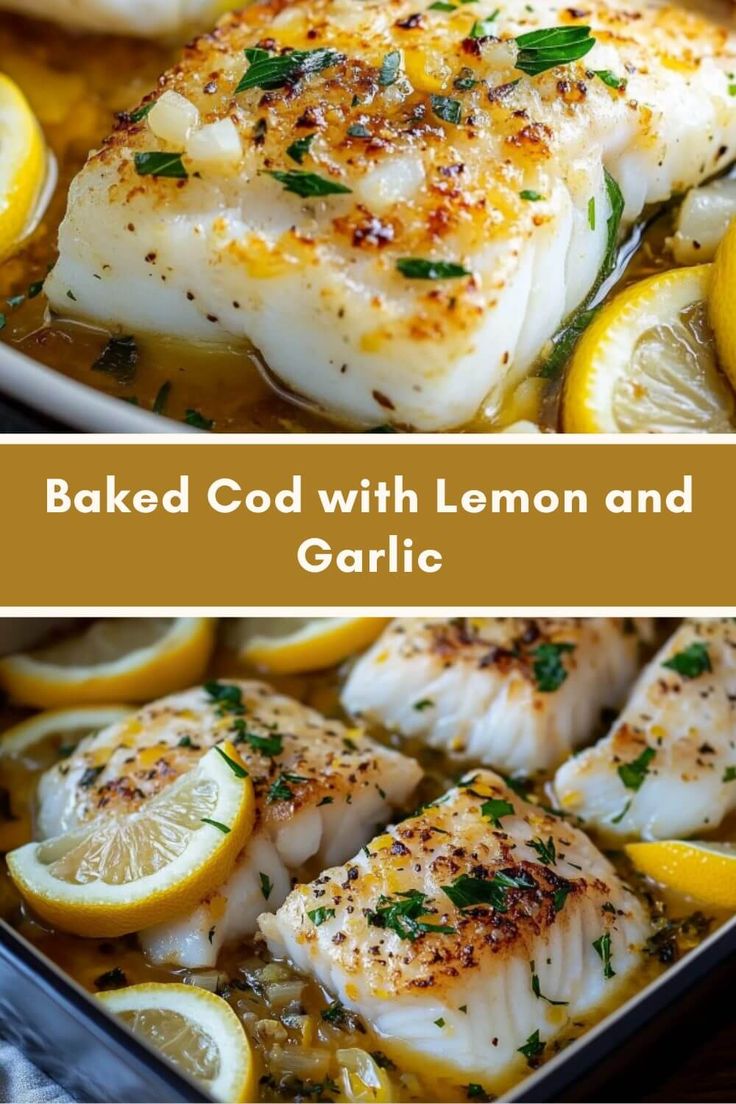 baked fish with lemon and garlic in a baking dish, before and after being cooked