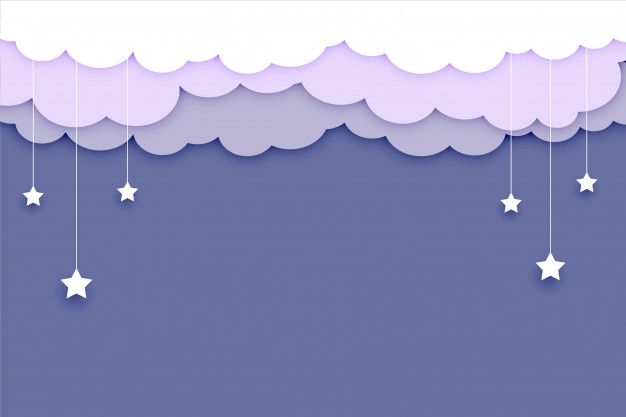 paper clouds and stars hanging from strings on a purple background with space for your text