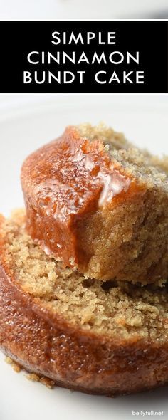 simple cinnamon bundt cake on a white plate with the words, simple cinnamon bundt cake