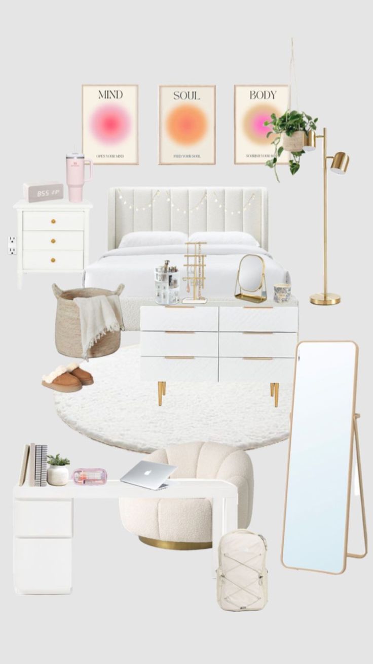 a bedroom with white furniture and accessories on the floor, including a bed, dresser, mirror