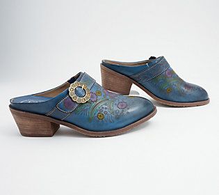 Add some fresh florals to your footwear with these western-inspired leather mules. From L'Artiste by Spring Step. Bohemian Spring Mules, Western Style Mules For Spring, Western Leather Mules For Fall, Western Closed Toe Mules For Fall, Western Style Closed Toe Mules For Fall, Western Style Slip-on Mules With Leather Sole, Spring Bohemian Clogs With Round Toe, Western Style Summer Slip-on Mules, Western Style Slip-on Summer Mules