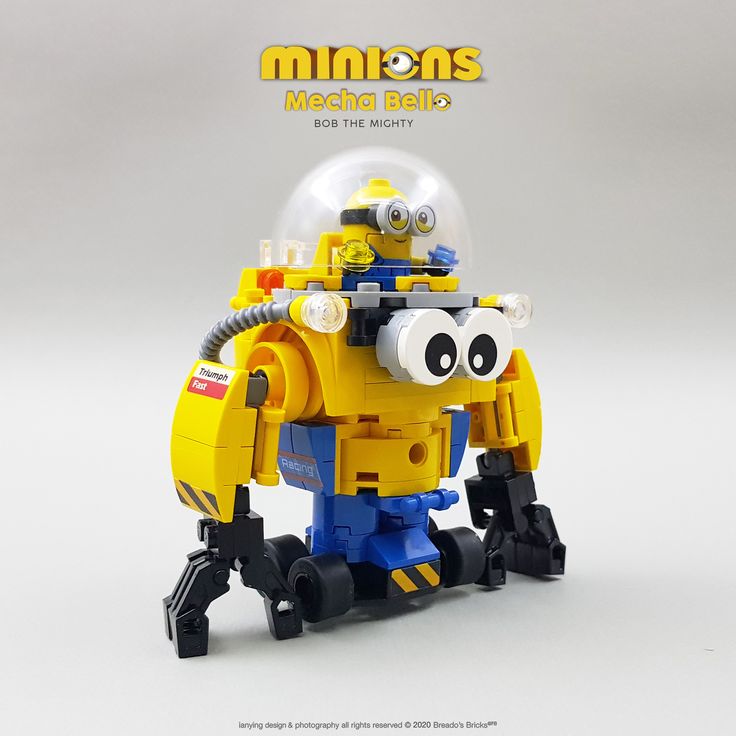 a yellow and blue lego robot is shown in front of a white background with the words minion's media below it