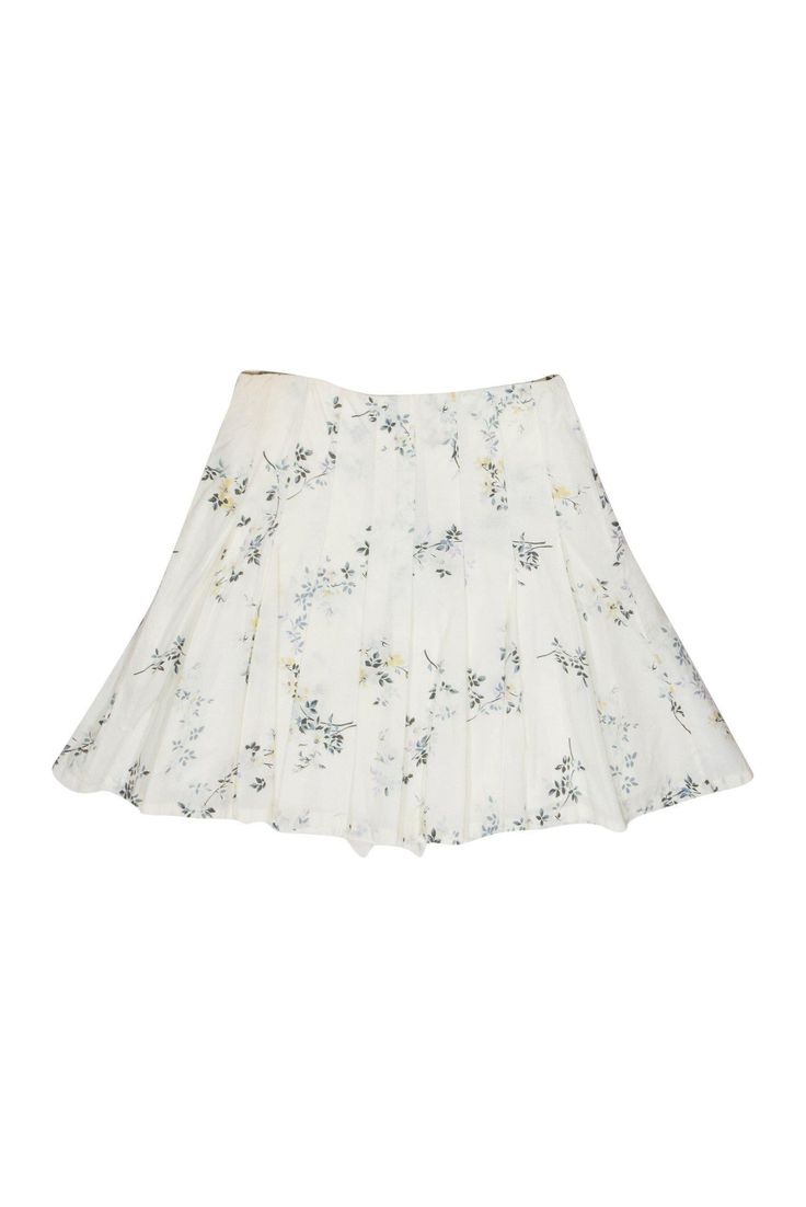 Show off you passion for petals in this adorable skirt from A.P.C.! The floral print and ruffles on this skirt are perfect for a spring outing or even for your Easter outfit! Wear it with a pastel tank and jean jacket for a fresh and flouncy look. Size 6 Shell: 100% Cotton Lining: 100% Viscose Buttons down front Lined Flared skirt w/ pleats Ruffles along front buttons Floral print design Waist 30" Total length 19" Flowy Ruffle Hem Skirt For Garden Party, Flowy Skirt With Ruffle Hem For Garden Party, Summer Garden Party Skirt With Ruffle Hem, Cream Skirted Bottoms For Spring, Spring Floral Print Bottoms For Garden Party, Cute Pleated Mini Skirt For Spring, Chic Floral Print Pleated Skirt For Spring, Cute Pleated Skort For Summer, Floral Print Flared Skirt For Garden Party