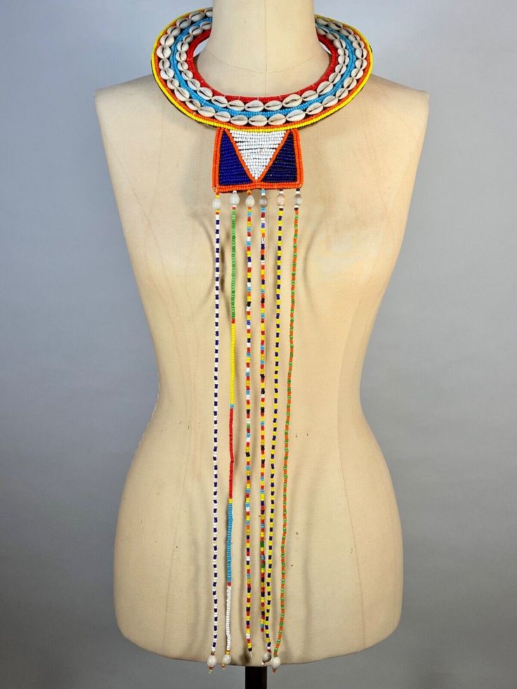 Vintage ca.? Kenyan MAASAI handmade colorful seed bead, shell statement necklace Maasai People, Copy Cats, Antique Clothing, Maasai, Seed Bead, Handmade Necklaces, Kenya, Jewelry Watches, Statement Necklace